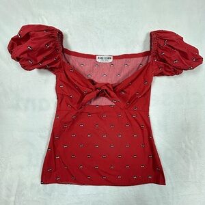 House of Virtue Red Blouse Tie Front Size Small Eye Pattern Puff Sleeves Cotton